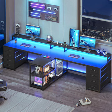 94.5" 2 Person Gaming Desk, Long Office Computer Desk with 8 Drawers & LED Light, Two Person Desk with Storage