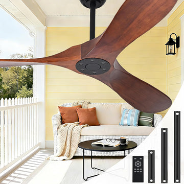 Inspired Maverick Style 60" Ceiling Fans Without Lights, 60 Inch Outdoor Ceiling Fans no Lights, 3 Blade Solid Wood Damp Rated Ceiling Fan with Remote Control for Living Room Gazebo Farmhouse/Patios Porch - Dark Walnut