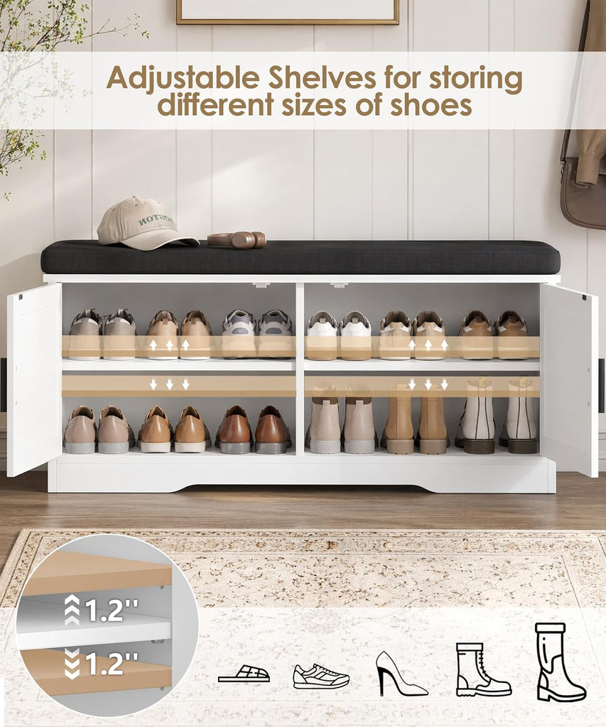 Shoe Bench with Storage, 39.4" Entryway Bench with Padded Cushion, 2-Tier Shoe Cabinet Bench with Adjustable Shelves