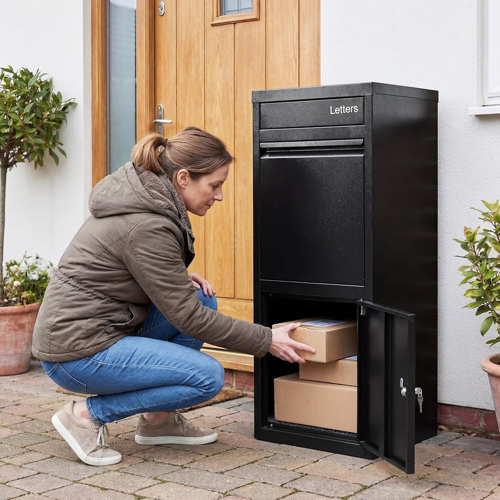 Package Delivery Boxes Galvanized Steel Parcel Drop Box with Mail Slot, Lockable Anti-Theft Secure Package Box