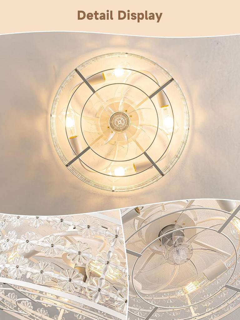 White Caged Ceiling Fan with Light and Remote, Modern Romantic Flower Crystal Ceiling Fans with Lights