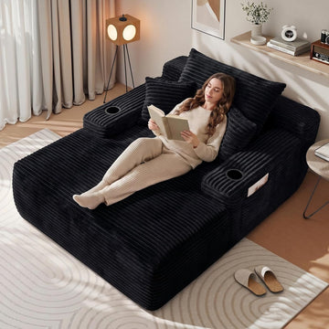 65" Oversized Boneless Chaise Lounge Chair Indoor, Corduroy Sleeper Bed with No Assembly , Reading Nook, Lounge, Black