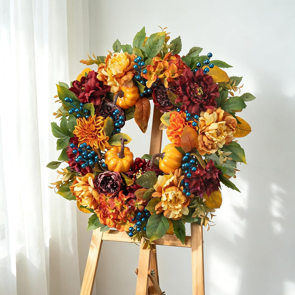 24 Inch Artificial Fall Wreaths for Front Door with Hydrangea Peony Pumpkin