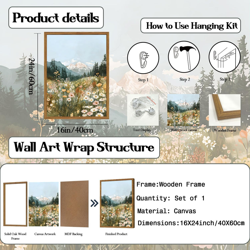 Framed Boho Landscape Wall Art, Colorful Floral Mountain Pictures Wall Decor, Vintage Wildflower Nature Paintings
