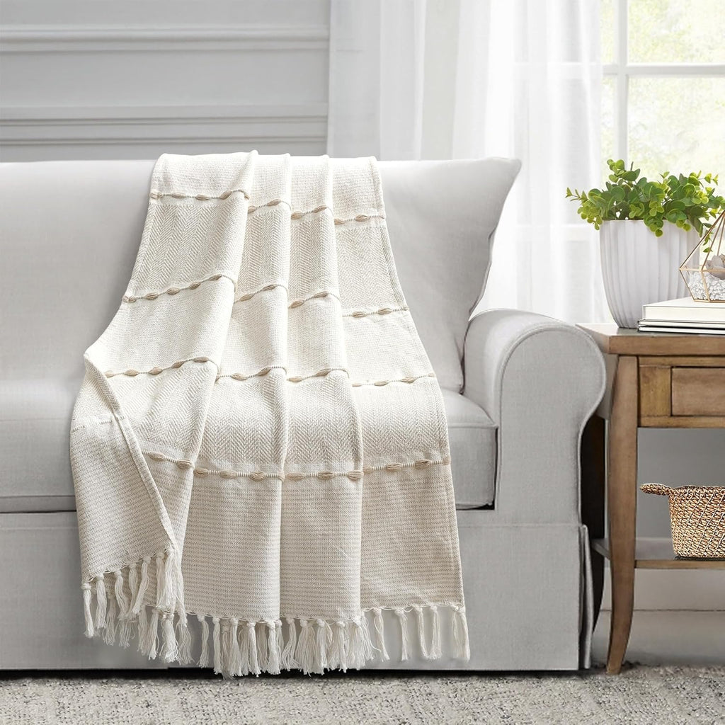 Herringbone Stripe Woven Tassel Yarn Dyed Cotton Throw Blanket 50" W x 60" L Black & Multi - Striped Throw Blankets