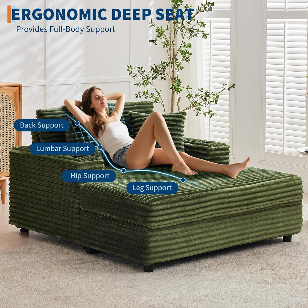 60" Oversized Chaise Lounge Chair Indoor, Comfy Corduroy Lounge Sofa with Charging Station, Upholstered Sofa Bed