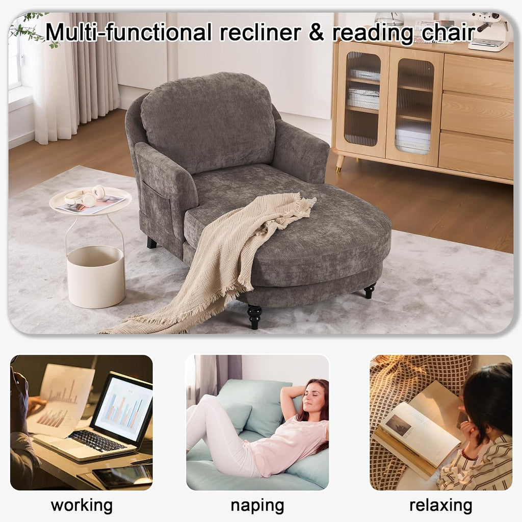 59.8" Chaise Lounge Chair Indoor, Oversized Reading Chair Bed, Brown | Comfy Single Reading Chairs, Modern