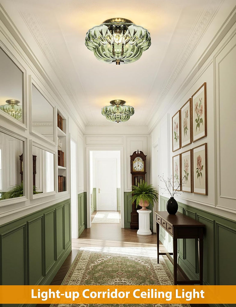 11" Semi-Flush Mount Ceiling Light,3-Bulb Green Glass Hallway Light Fixture | Indoor Lighting,Gold Close to Ceiling