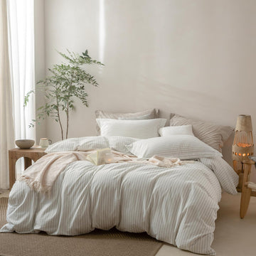 3Pcs Stripe Duvet Cover 104''W x 90" L, White and Sage Green