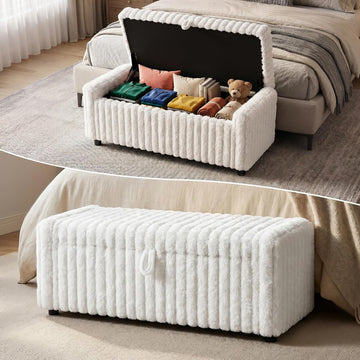 46" Storage Ottoman Bench, 30 Gallon Long Faux Fur Storage with Handles & Soft-Close Hinged Lid for Blankets and