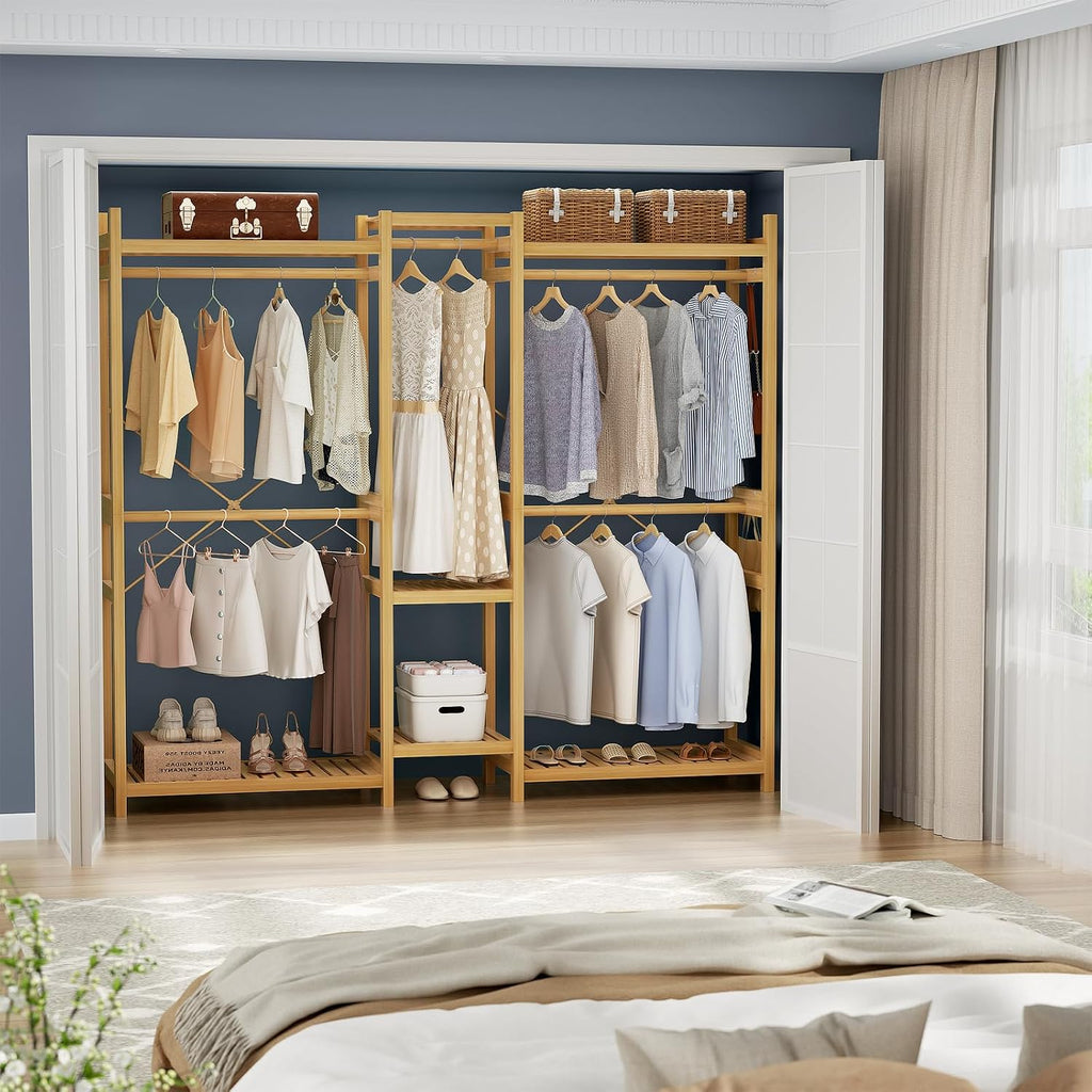 Bamboo Closet System Clothes Rack, Large Freestanding Garment Rack Clothing Rack for Hanging Clothes with 7 Storage