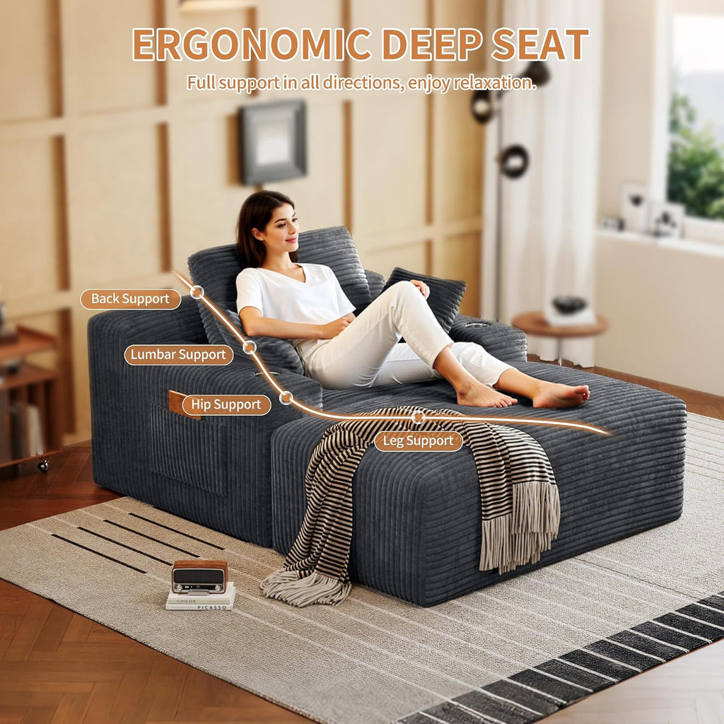 67" Oversized Chaise Lounge Chair Indoor, Corduroy Upholstered Boneless Sofa Bed, Modern Deep Seat Cloud Sleeper