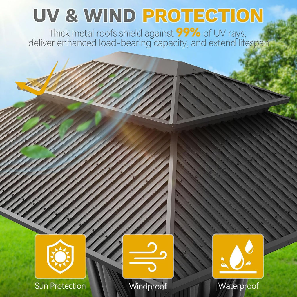 14x12FT Gazebo Hardtop Outdoor Double Roof with Nettings and Curtains