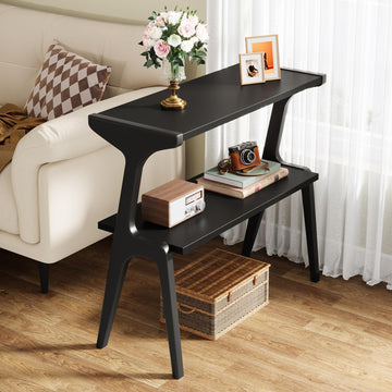 2-Tier Solid Wood Side Table, Modern Black End Table with Storage Shelves, Tall Slim Side Table for Couch with Unique
