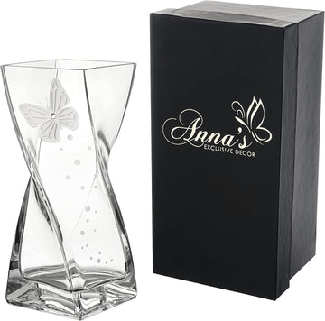 Butterfly Vase - Handmade Glass Vase Decorated with Premium Austrian Crystal and Etched Butterfly - Gift Boxed
