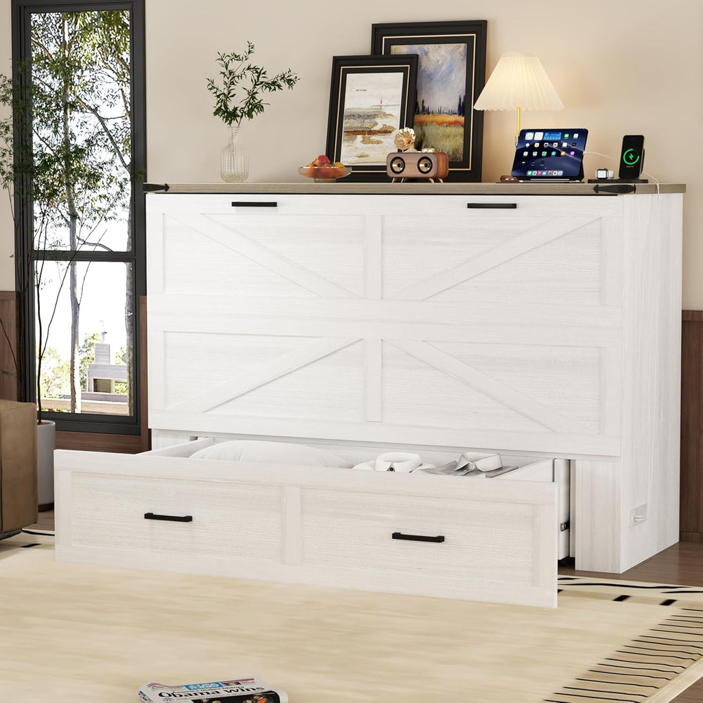Modern Farmhouse Solid Wood Murphy Cabinet Bed with Charging Station, Foldable Wall Platform Bed with Storage