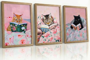 3Pcs Framed Vintage Cat Canvas Wall Art, Pink | Funny Animal Reading Books Pictures, Cute Kitten Lovers