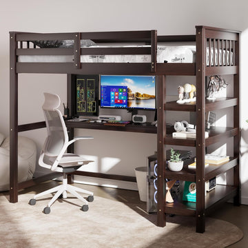 Wood Loft Bed with Desk and Shelves : Twin Bed with Storage Shelves and Under-Bed Desk, Twin Loft Bed, Espresso Color
