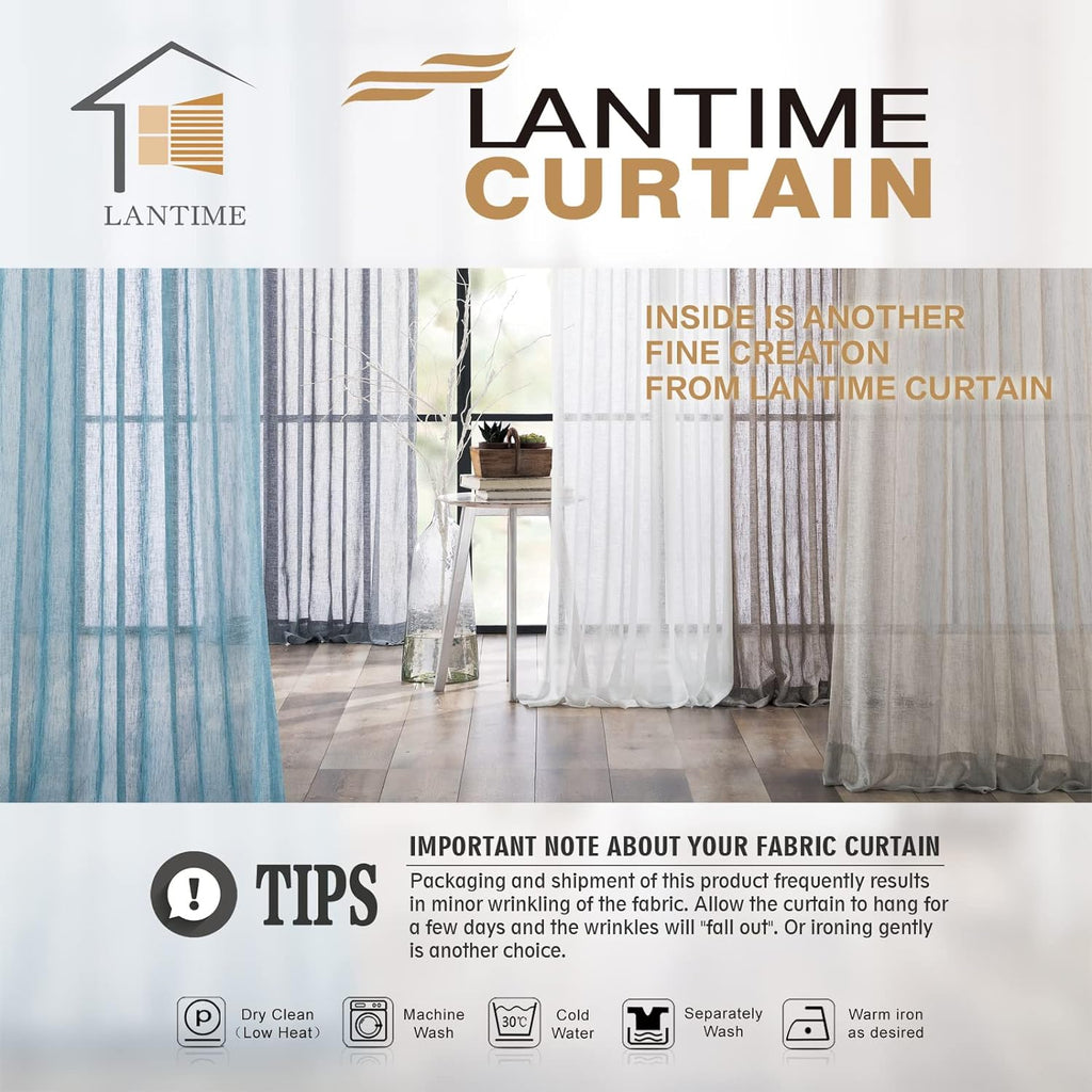 Sheer Curtains, Faux Linen Double Pleated Window Sheer Curtains Panels Drapery for Home, Hotel, Office