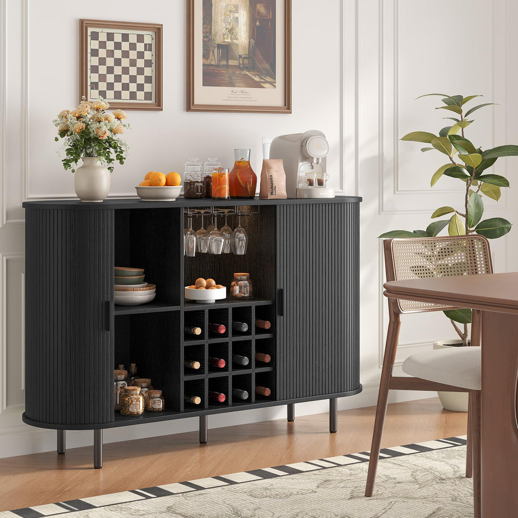 55 Inch Fluted Wine Bar Cabinet with LED Light, Black