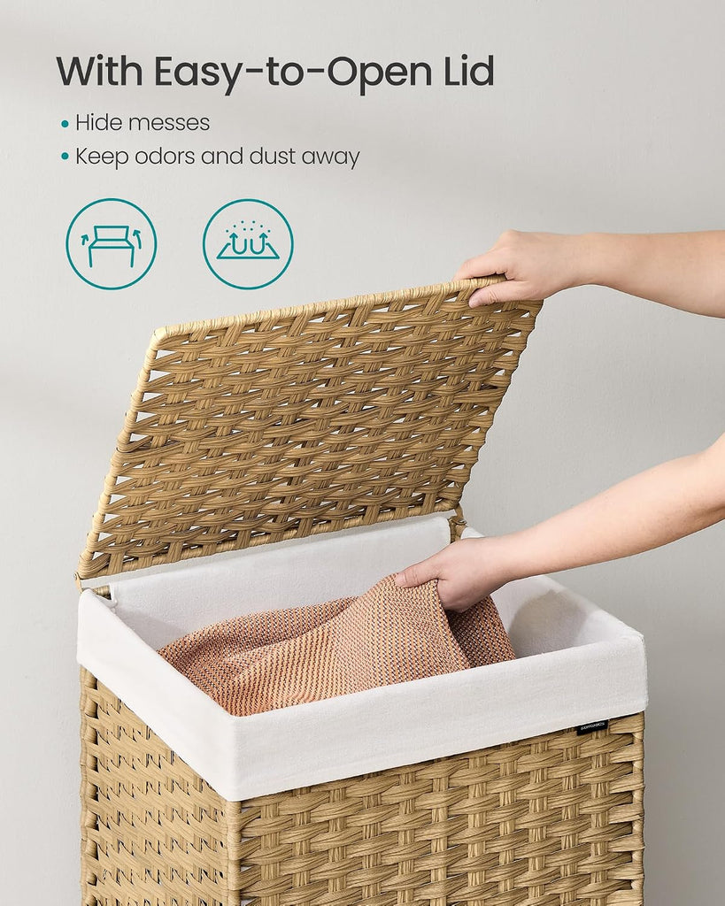 Laundry Hamper with Lid, 31.7 Gallons (120 L), Rolling Laundry Basket with Wheels, Synthetic Rattan, Removable Liner