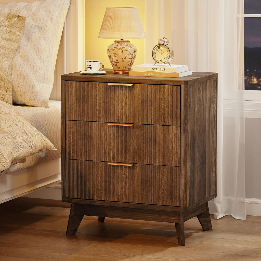 23.6" Wide Fluted Nightstand with 3 Drawers, Walnut Wood Night Stand, Modern Mid Century Bedside Table , Wooden