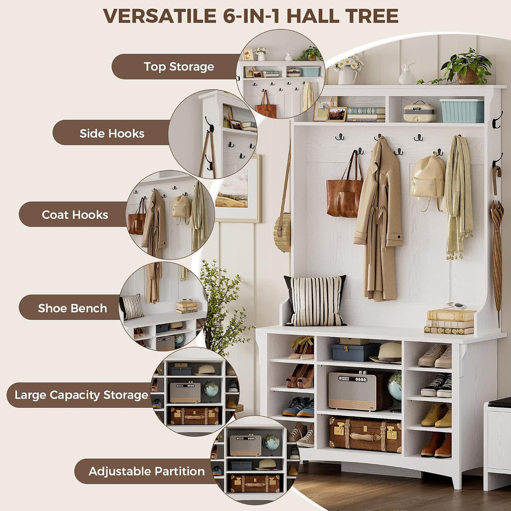 80" H 47" W Large Hall Tree with Bench and Shoe Storage, 6-in-1 Entryway Bench with Coat Rack, Adjustable Shelf