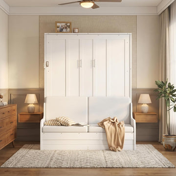 Queen Murphy Bed, Wooden Queen Murphy Bed Wall Bed with Sofa and Cushion, for Home Office or Small Room, White