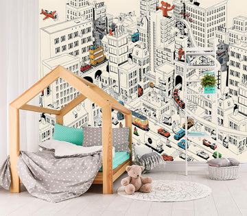 Cartoon Comics City Nursery Room Fabric Wallpaper Kids Bedroom Hand-Painted Graffiti wall Mural-W 88" X H 59"(36