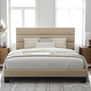 King Platform Bed Frame with Fabric Upholstered Headboard and Wooden Slats Support