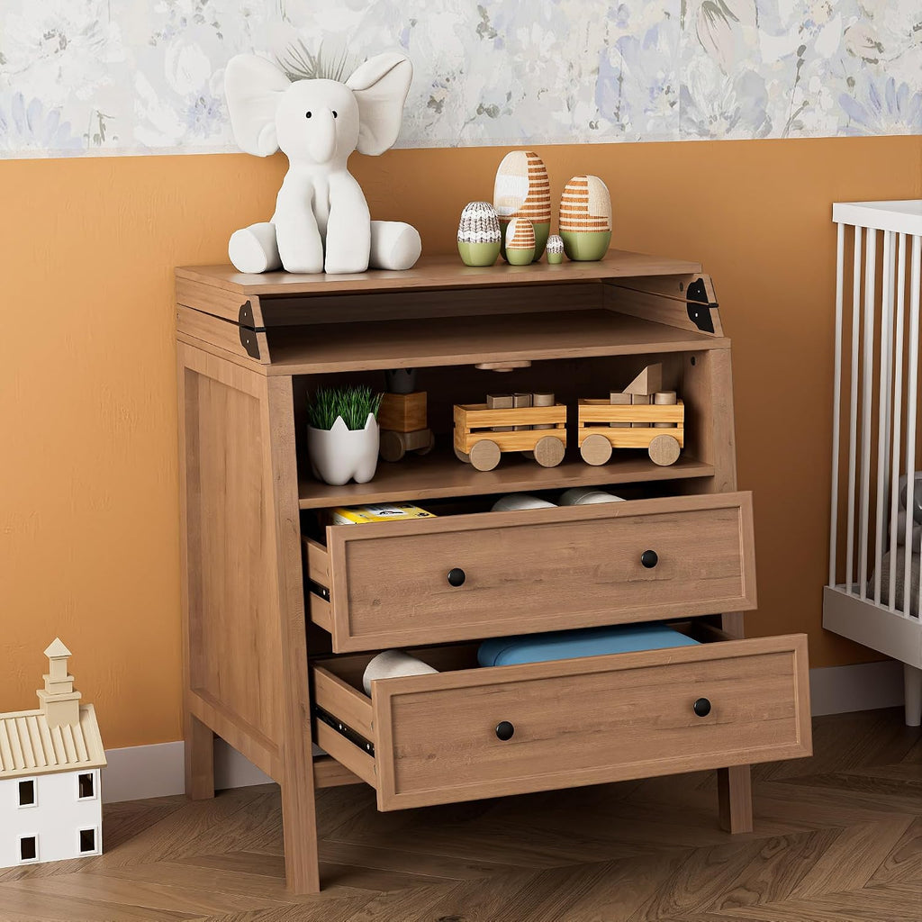 Changing Table Dresser with Foldable Tabletop, Baby Dresser with 2 Wide Drawers & Open Storage Space, Modern Diaper