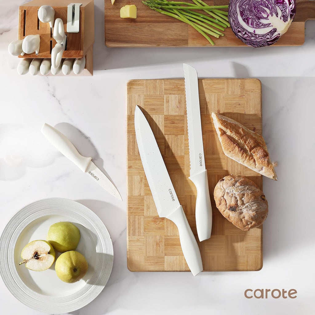 15-Piece Knife Set, Wood Block with Built-In Sharpener, Cream | Stainless Steel Knives, Ceramic Nonstick Coating
