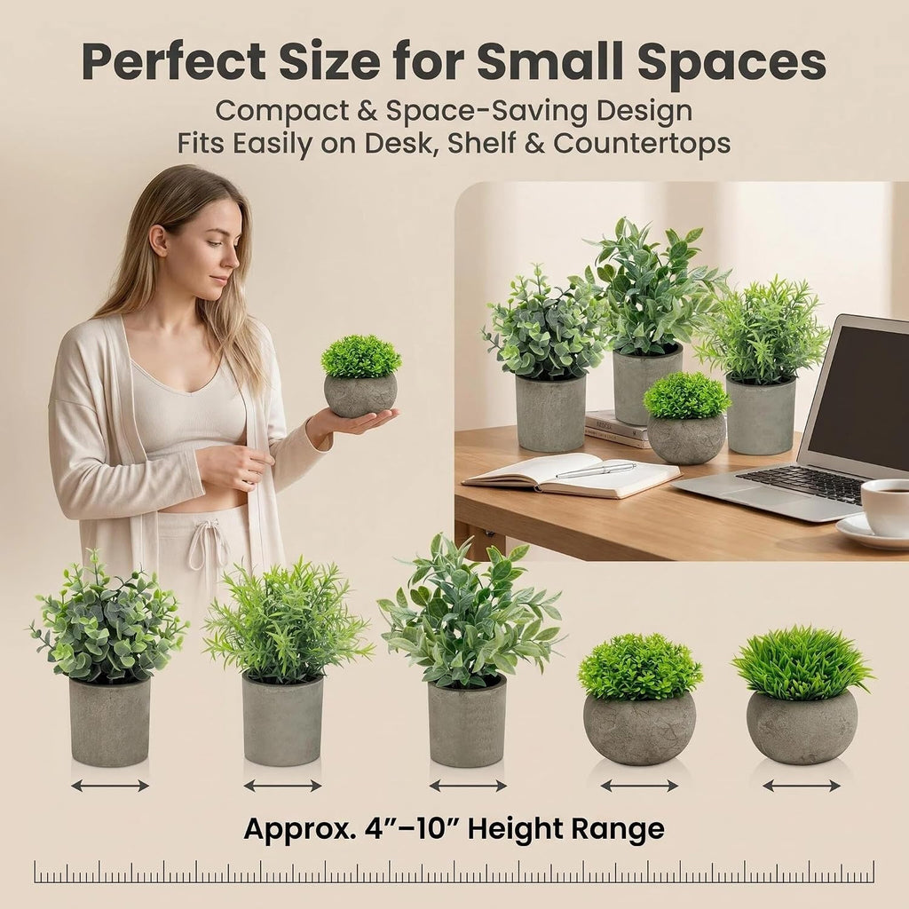 Artificial Potted Plants Faux Greenery in Cement Pots for Shelf, Bookshelf, Office or Home Decor, Small Decorative