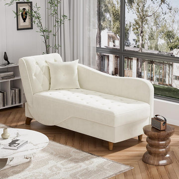 Indoor Velvet Chaise Lounge Chair with Storage , Beige White | Reading chair chaise sleeper sofa bed with pillow, 3