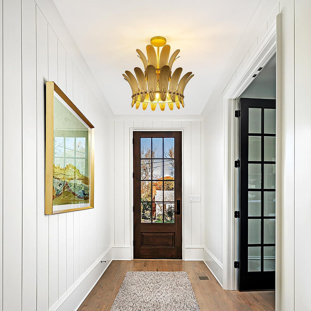 Gold Flush Mount Ceiling Light Fixture, 5 Lights Farmhouse Leaf Chandelier for Dining Room, Modern Semi Flush Ceiling