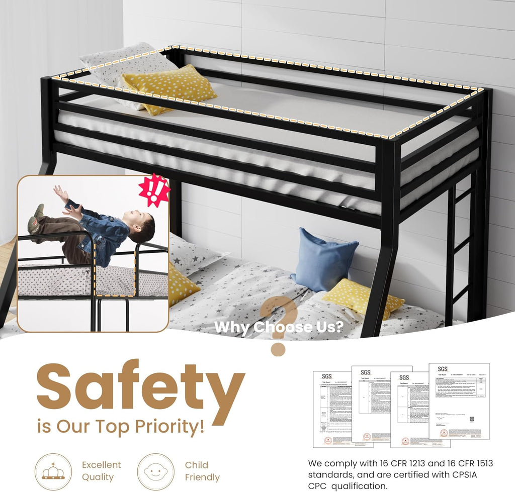 Loft Bunk Bed Twin Over Full with Ladder and Guardrail,Heavy Duty Metal Slats Support No Box Spring Needed Small Space