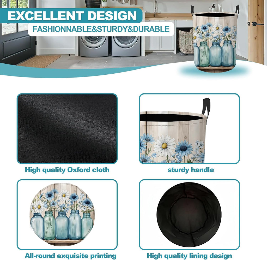 Laundry Basket,Blue Mason Jars Foldable Clothes Hamper with Handles,Daisy Flowers Waterproof Oxford Cloth Storage