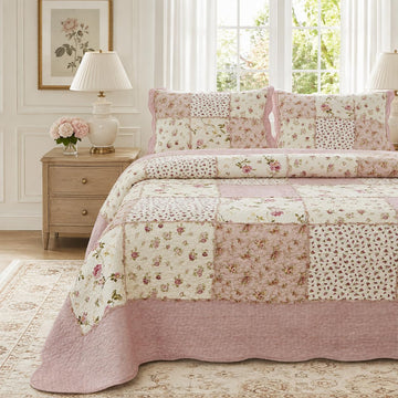 Pink Patchwork Quilts Cotton Rose Floral Quilt 3-Piece