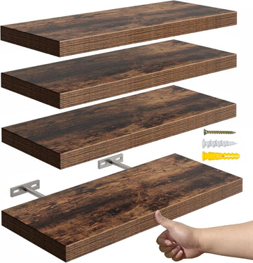 16''Rustic Brown Floating Shelves for Wall Set of 4,Rustic Wood Shelf for Room Decor/Storage/Display,Small