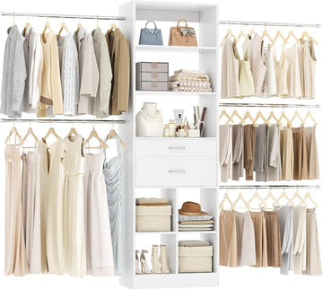 Closet System, 4-8 FT Closet Organizer Tower with 2 Wooden Drawers and 5 Hanging Rods, Can Fit 60 to 96 inch Walk-in