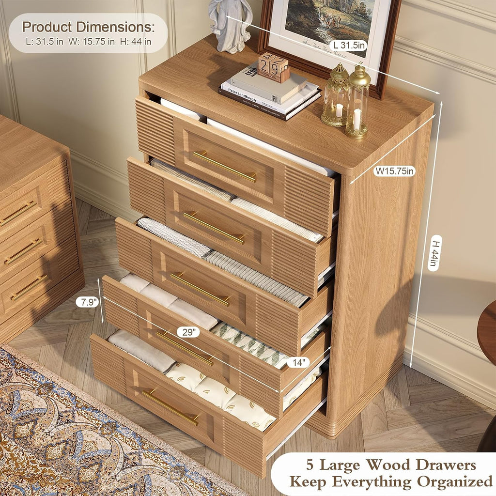 Farmhouse 5 Drawers Dresser , 44" Tall Modern Chest of Drawers, Wooden Curved Dresser Organizer , Natural Oak