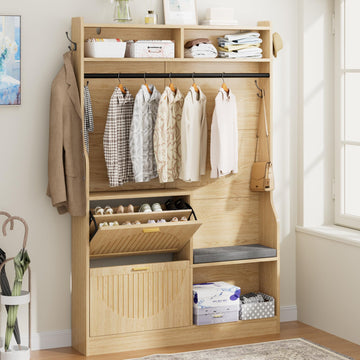 78" Modern Rustic Hall Tree with Bench and Shoe Storage, 5-in-1 Mudroom Coat Rack with Storage Shelves and Metal
