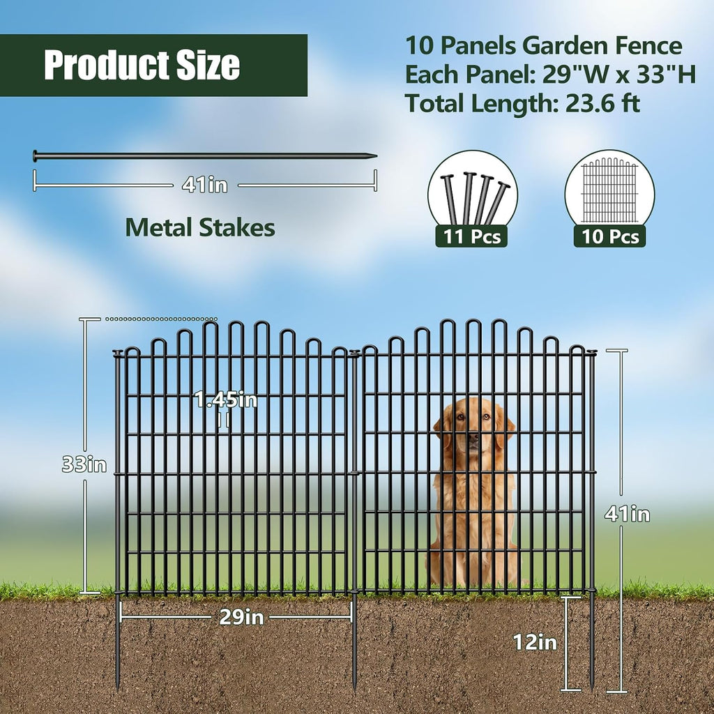 10 Panels No Dig Decorative Garden Fence, 33in H x 23.6ft L Animal Barrier Fencing, Rustproof Dog Fence Outdoor for
