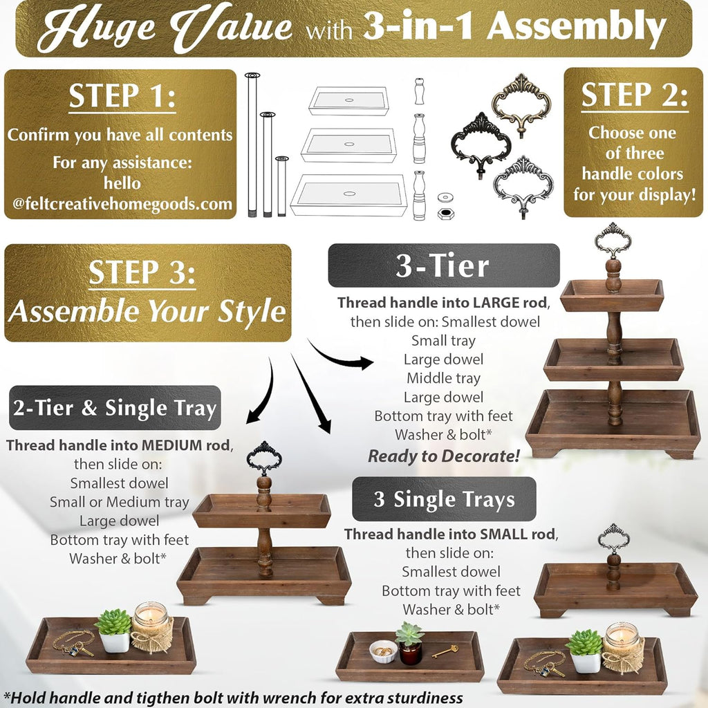 3 Tier Serving Tray [3 in 1] - Gorgeous Coffee Table Tray [Includes 3 Changeable Handles] - Can Assemble into a 1, 2