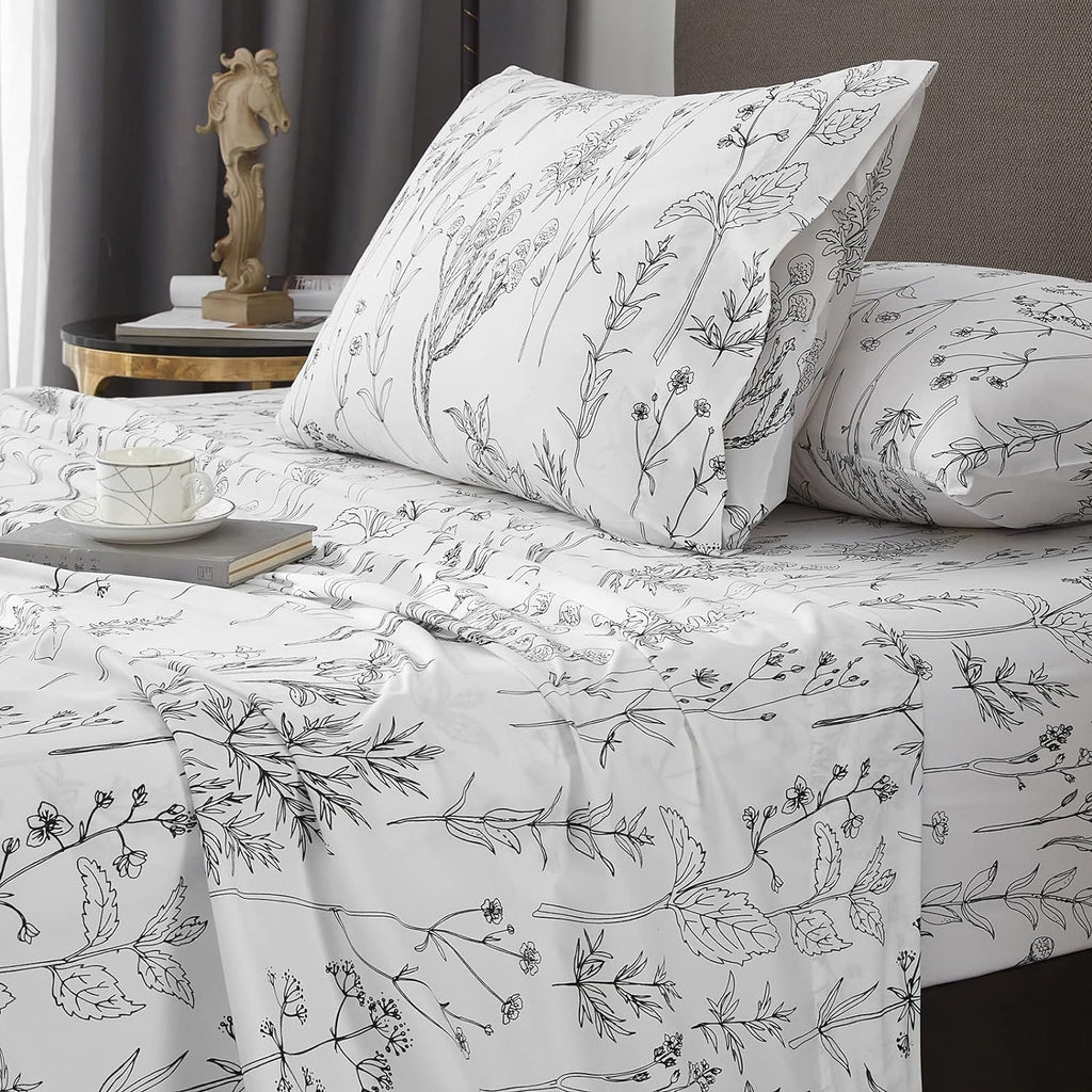 Deep Pocket Queen Sheets, Floral Patterned Black and White Cute 4pc - Set of 4