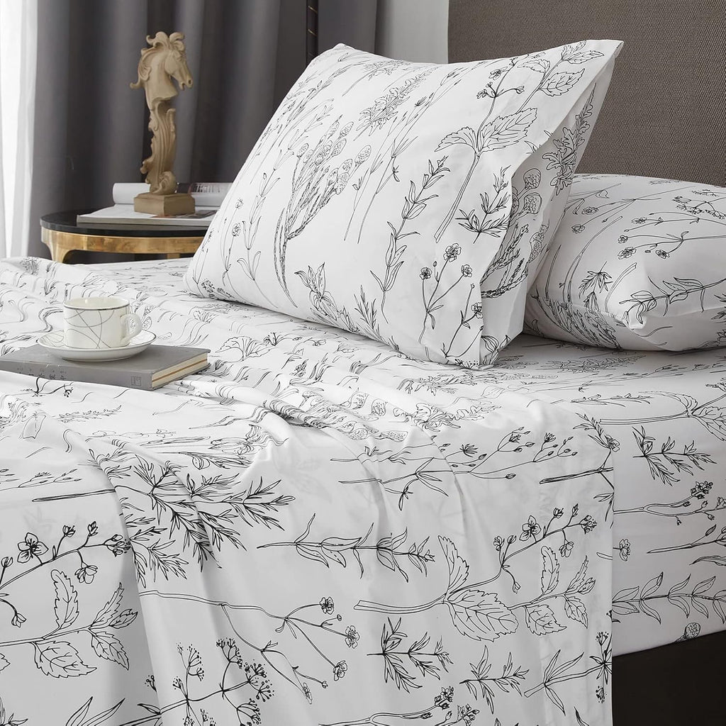 Floral Bed Sheets, 18 inches Deep Pocket Sheets 1800 Thread Count, Black and White Leaf Sheet Set Soft