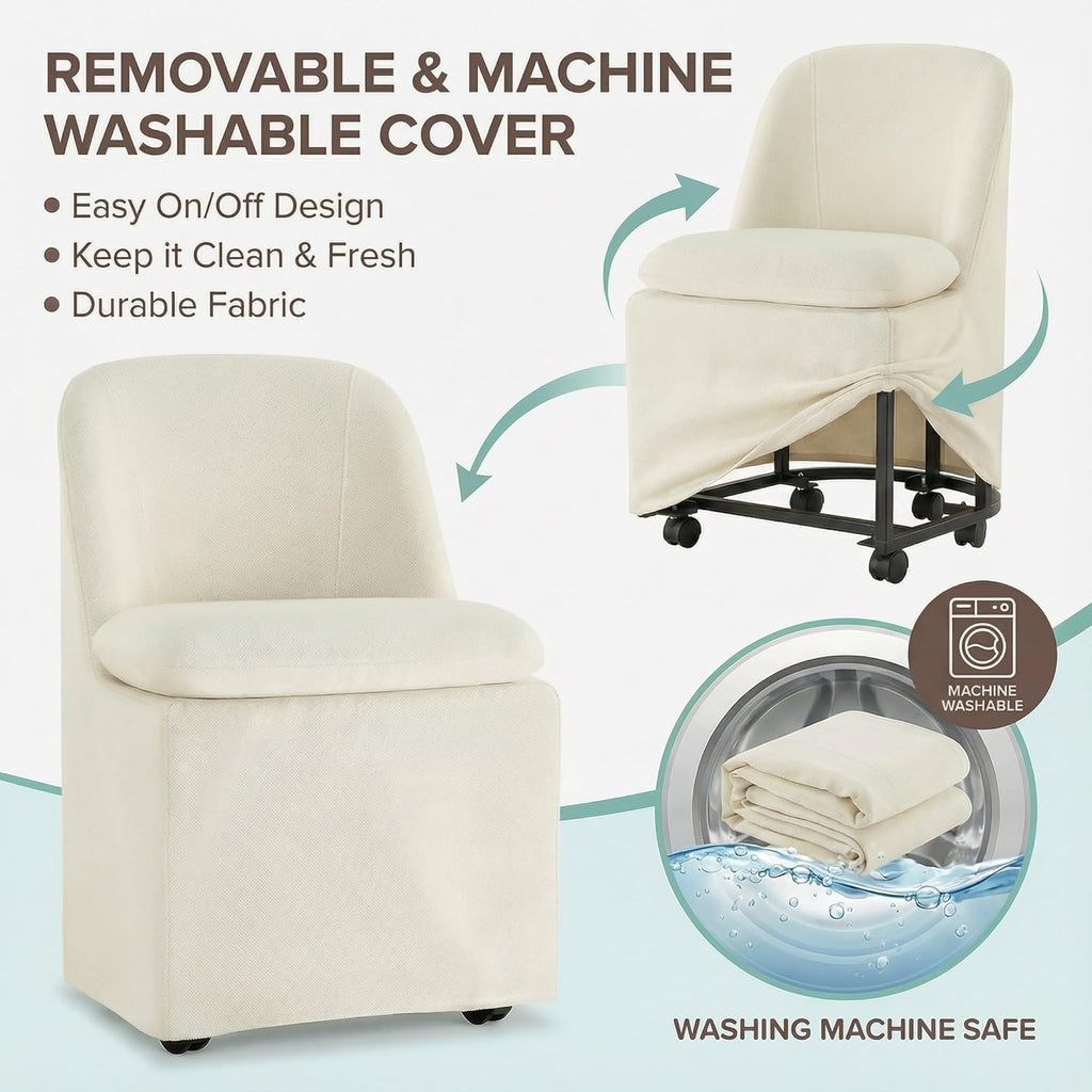 Upholstered Dining Chairs with Casters, Washable Cover Modern Dining Room Chairs with Thick Cushion & Sturdy Metal