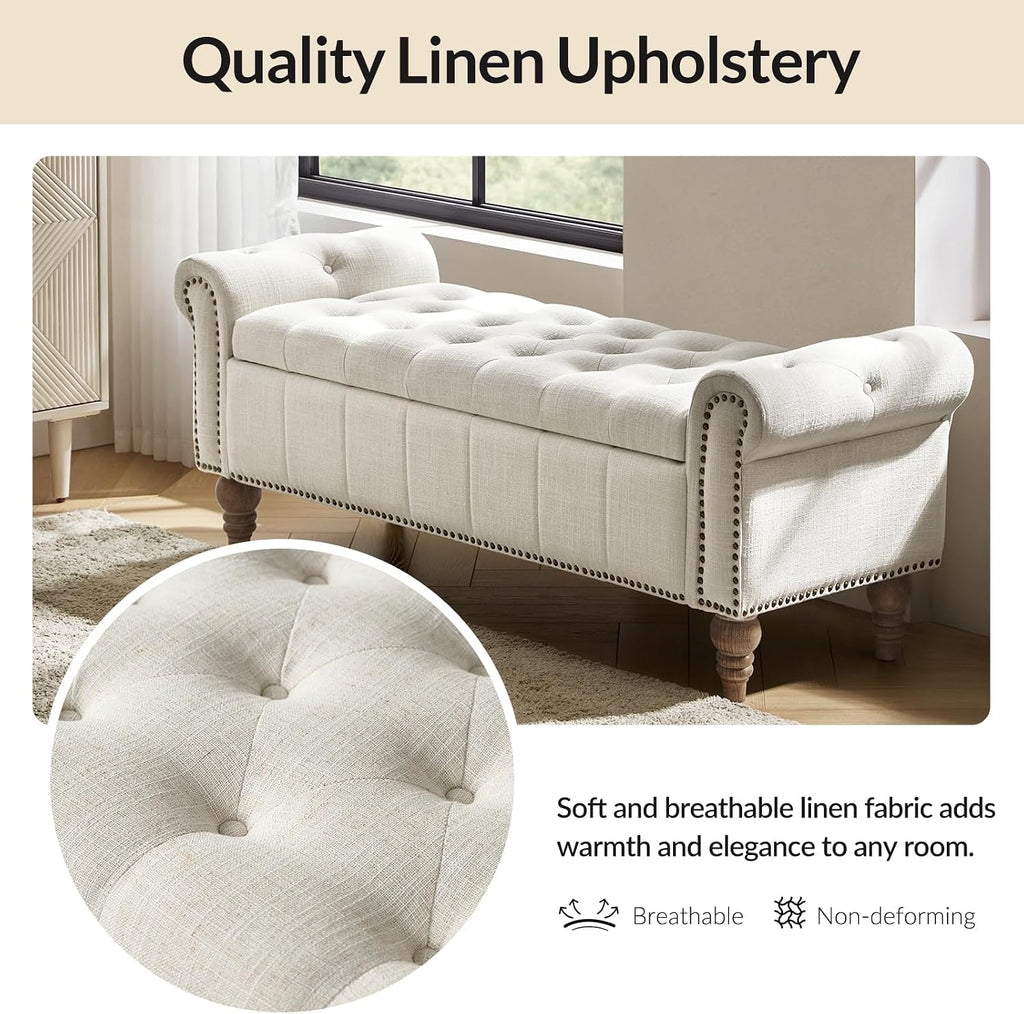 58.5" Long Storage Bench with Rolled Arms & Button Tufted Seat, Upholstered End of Bed Bedroom Benches with Nailhead