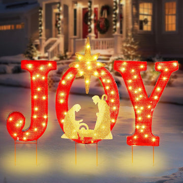 Christmas JOY Yard Decoration, 90 LED Lighted Outdoor Nativity Set 33inch Lawn Religious Scene Decor with Timer and 8