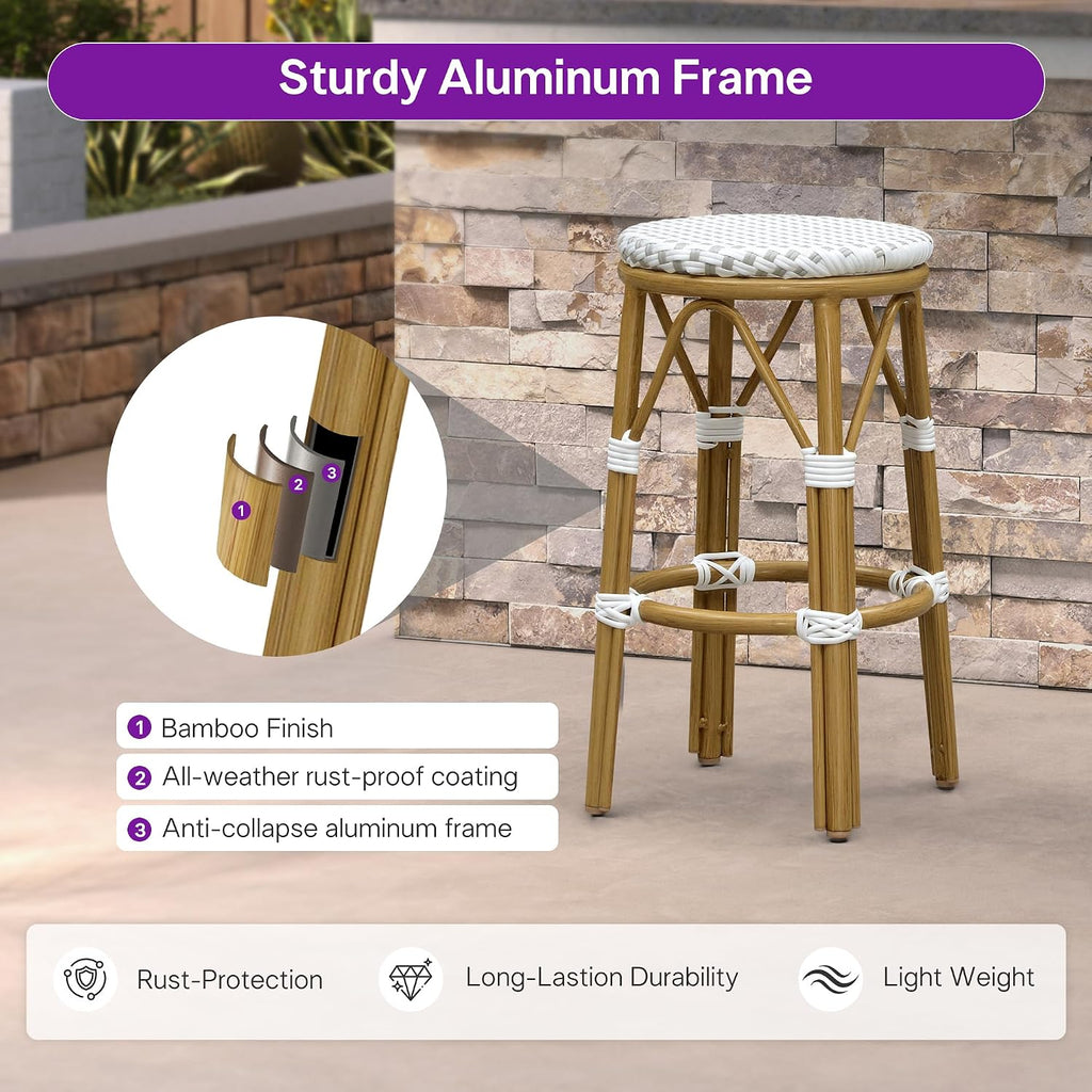 Patio Round Counter Height Stool Set of 2 Outdoor Backless Barstools Aluminum Frame in Bamboo Finish with White